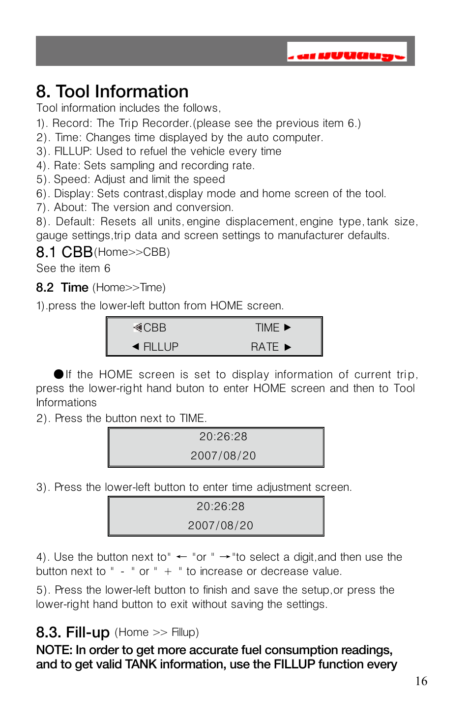 Tool information, 1 cbb, Fill-up | Roadi Turbo Gauge User Manual | Page 18 / 27