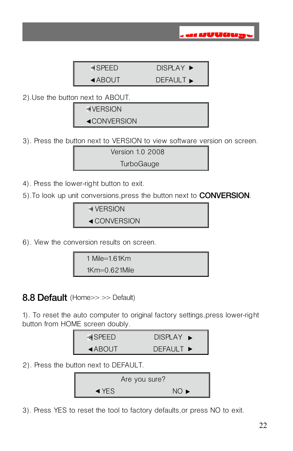8 default | Roadi Turbo Gauge User Manual | Page 24 / 27