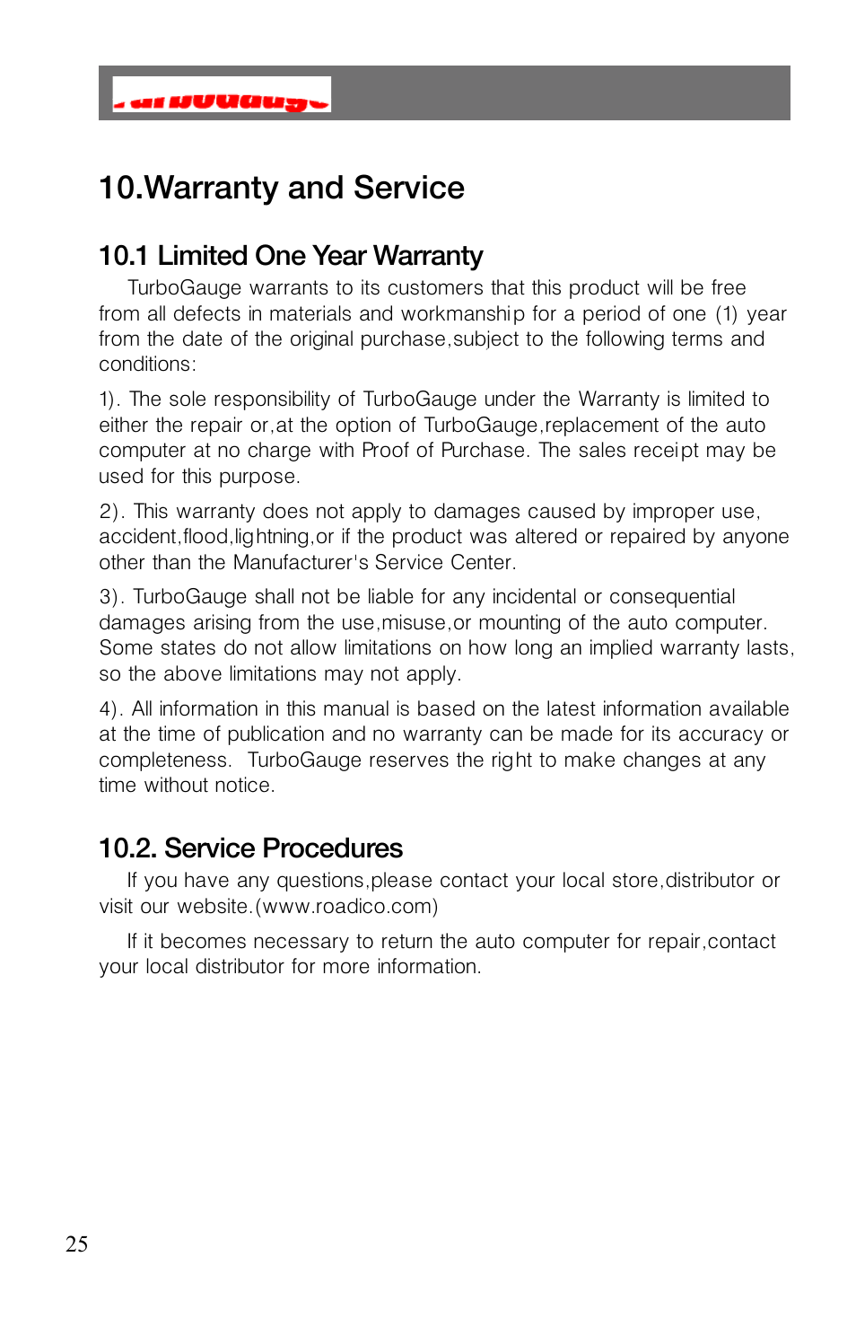 Warranty and service, 1 limited one year warranty, Service procedures | Roadi Turbo Gauge User Manual | Page 27 / 27