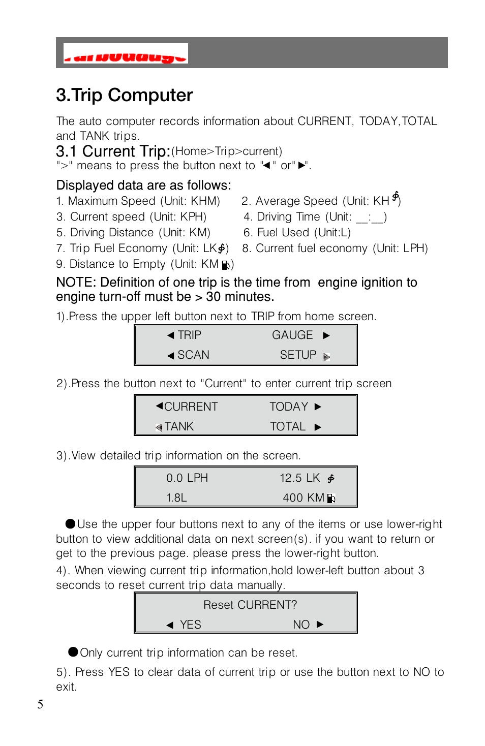 Trip computer, 1 current trip | Roadi Turbo Gauge User Manual | Page 7 / 27