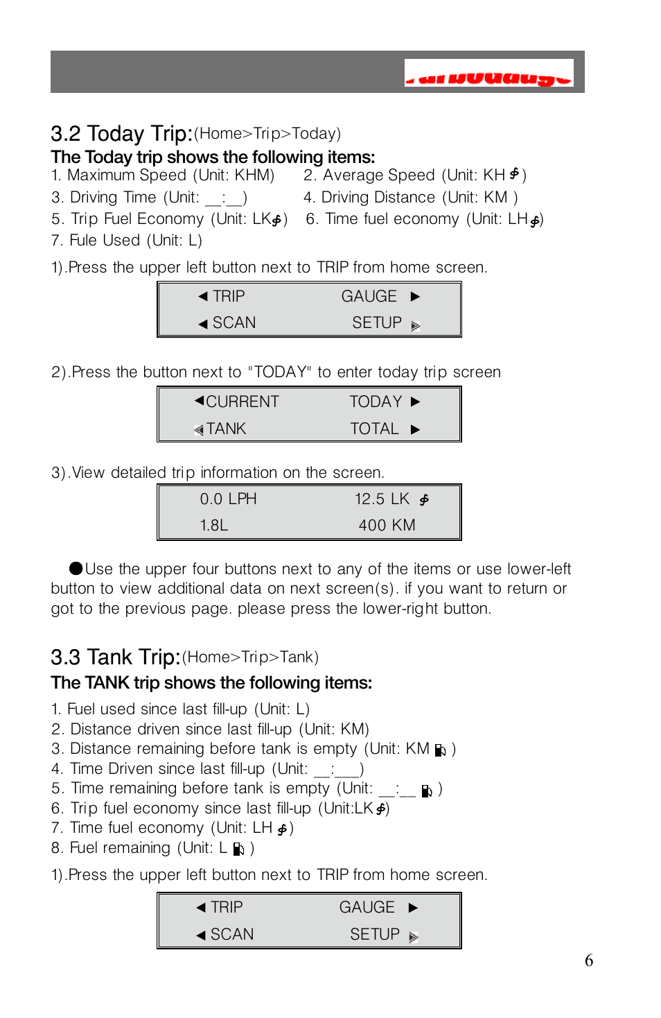 3 tank trip, 2 today trip | Roadi Turbo Gauge User Manual | Page 8 / 27