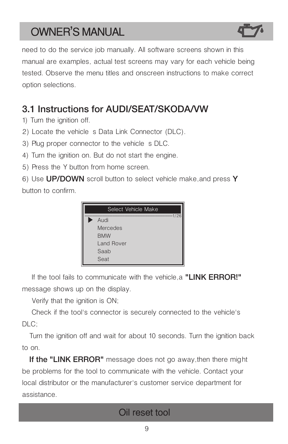 Owner s manual, Oil reset tool, 1 instructions for audi/seat/skoda/vw | Roadi OT900 User Manual | Page 10 / 38