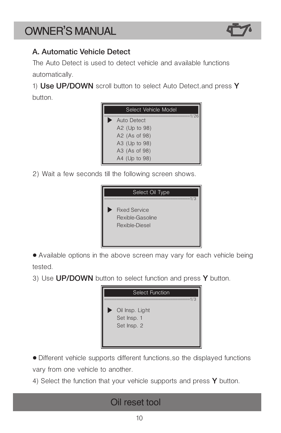 Owner s manual, Oil reset tool | Roadi OT900 User Manual | Page 11 / 38