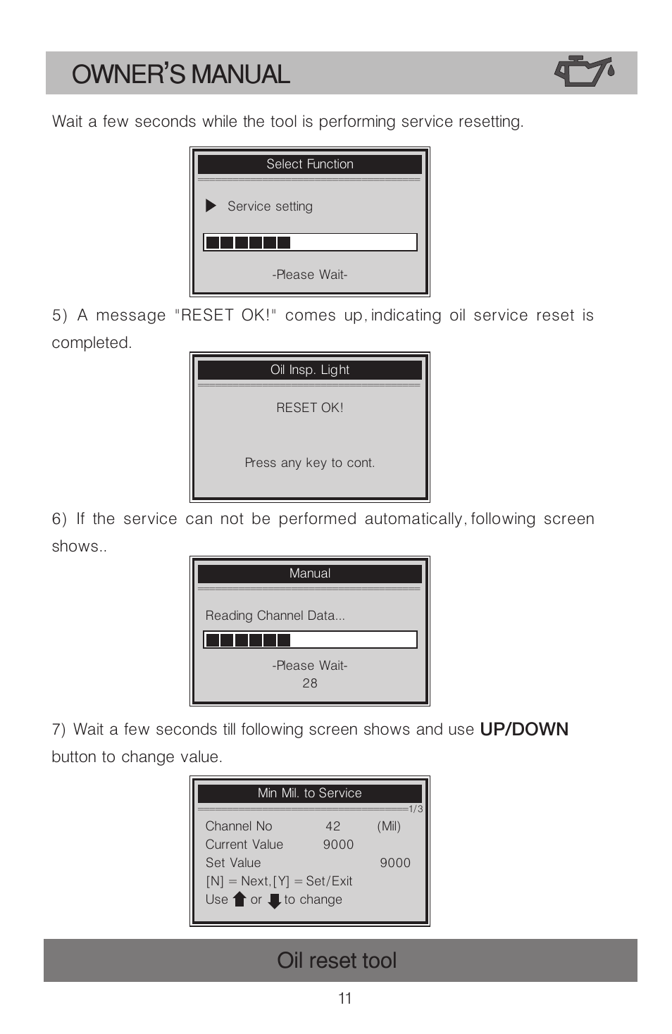 Owner s manual, Oil reset tool | Roadi OT900 User Manual | Page 12 / 38