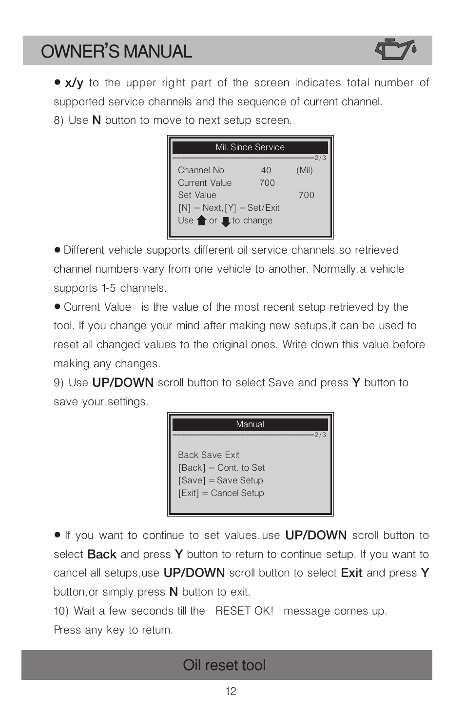 Owner s manual, Oil reset tool | Roadi OT900 User Manual | Page 13 / 38