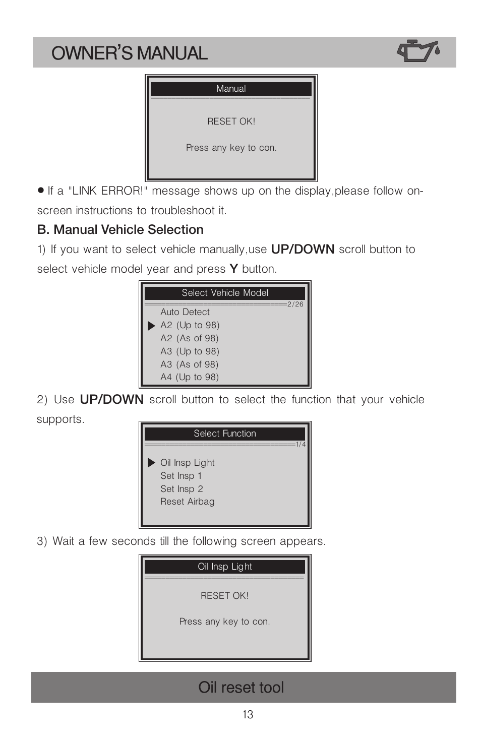 Owner s manual, Oil reset tool | Roadi OT900 User Manual | Page 14 / 38
