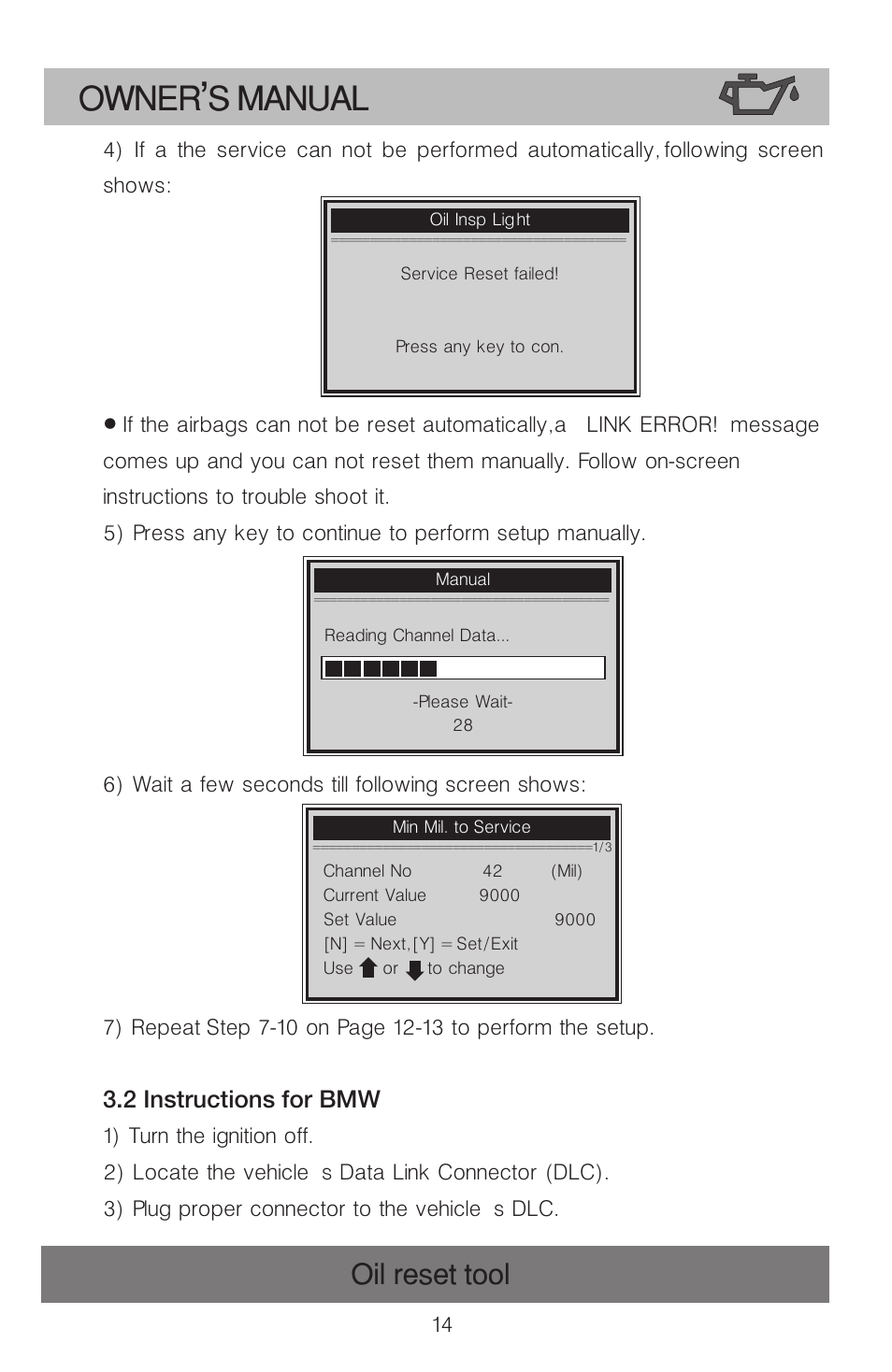 Owner s manual, Oil reset tool | Roadi OT900 User Manual | Page 15 / 38