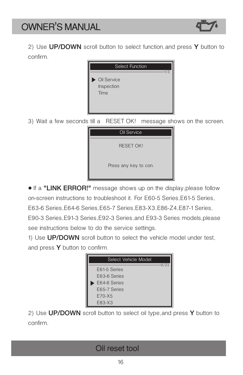 Owner s manual, Oil reset tool | Roadi OT900 User Manual | Page 17 / 38