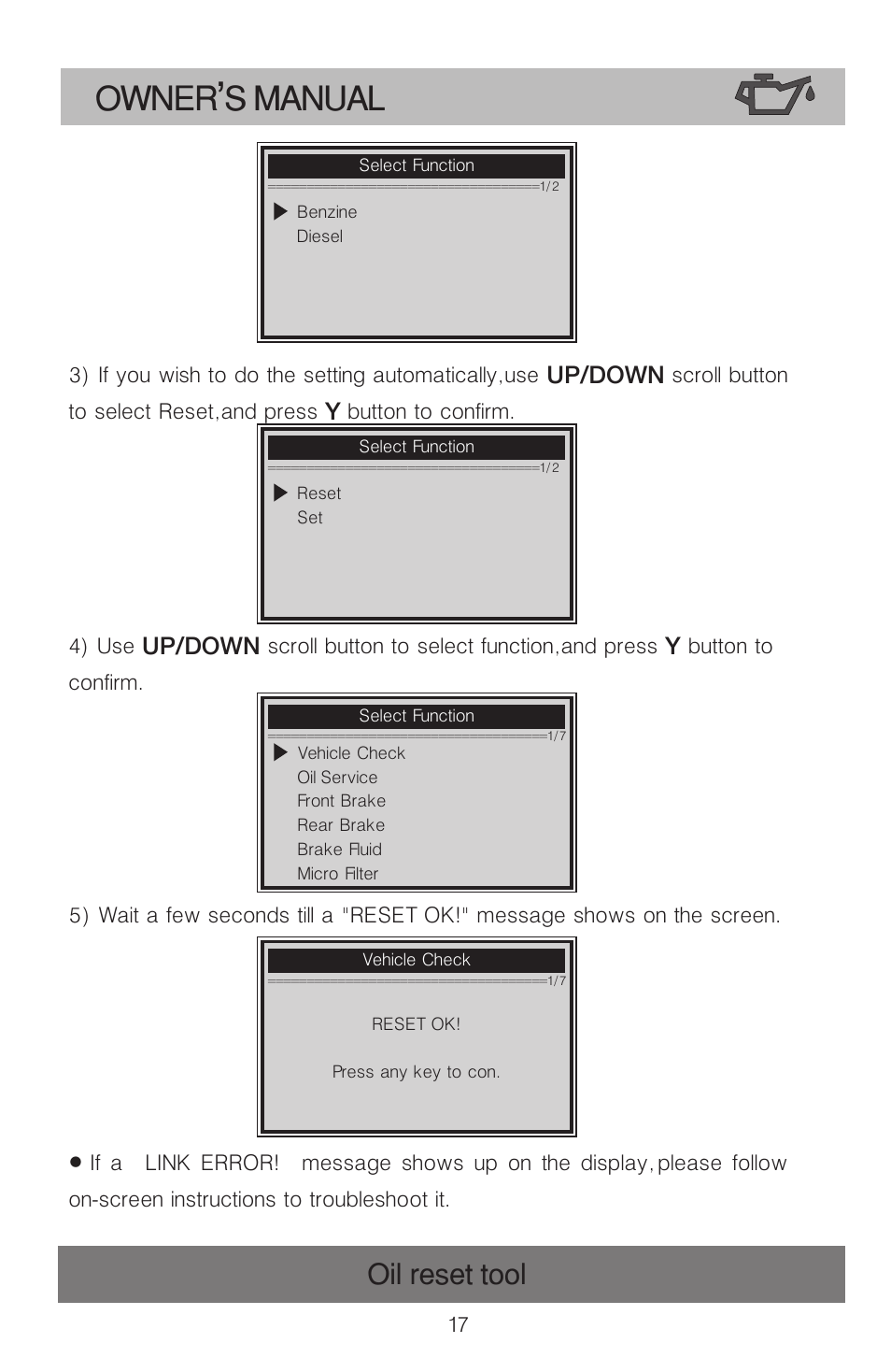 Owner s manual, Oil reset tool | Roadi OT900 User Manual | Page 18 / 38