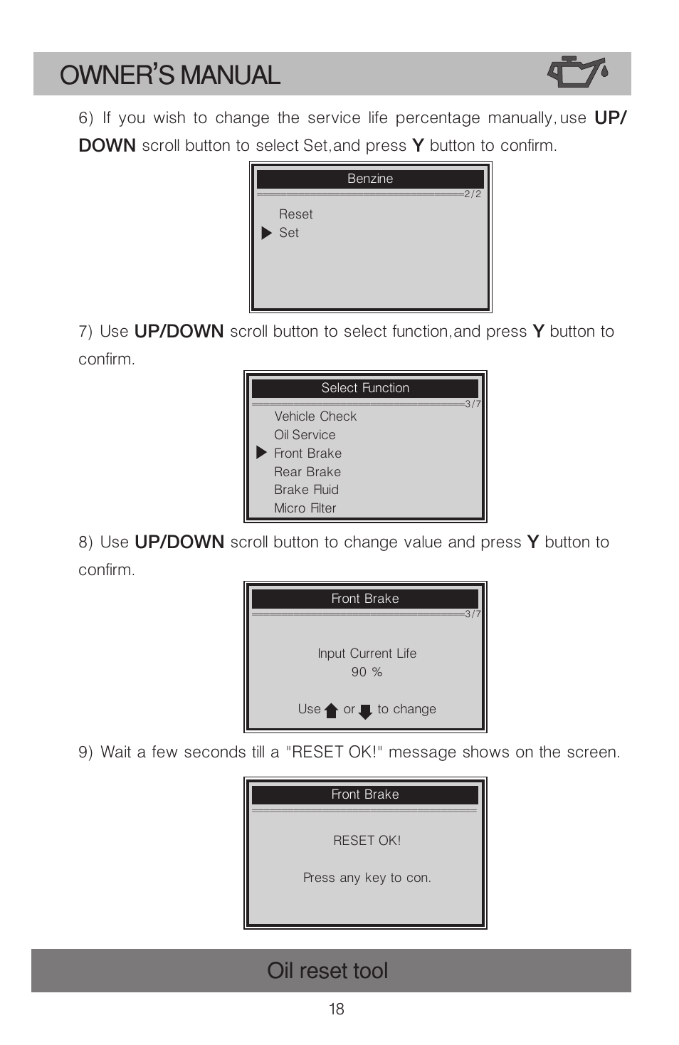 Owner s manual, Oil reset tool | Roadi OT900 User Manual | Page 19 / 38