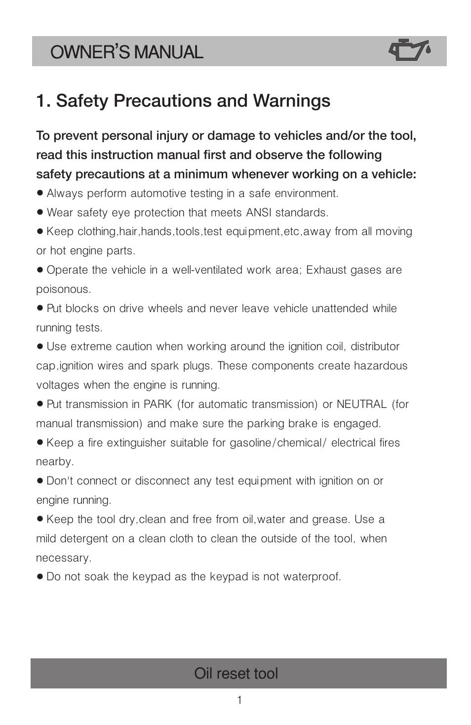 Owner s manual, Safety precautions and warnings, Oil reset tool | Roadi OT900 User Manual | Page 2 / 38