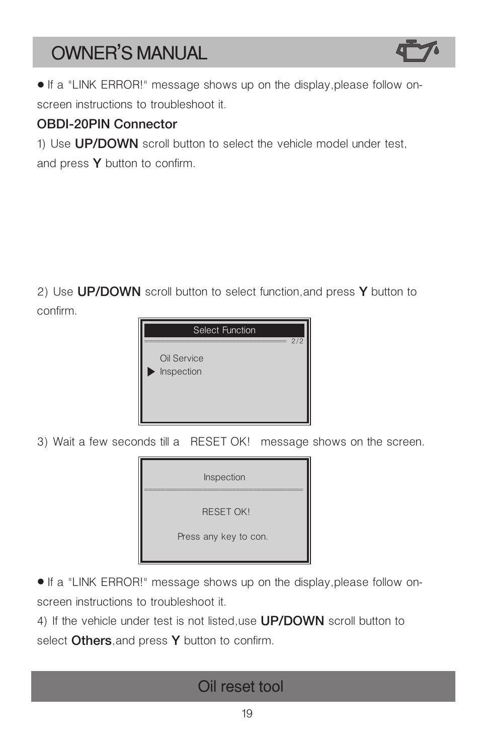 Owner s manual, Oil reset tool | Roadi OT900 User Manual | Page 20 / 38