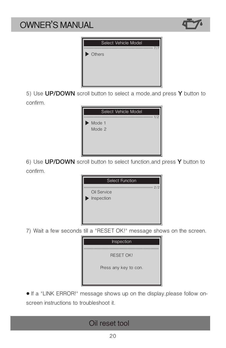 Owner s manual, Oil reset tool | Roadi OT900 User Manual | Page 21 / 38