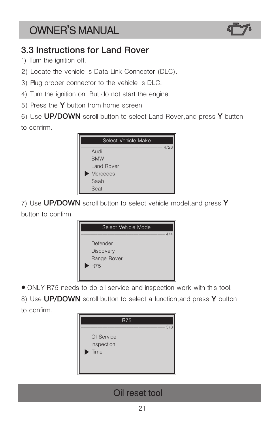 Owner s manual, Oil reset tool, 3 instructions for land rover | Roadi OT900 User Manual | Page 22 / 38