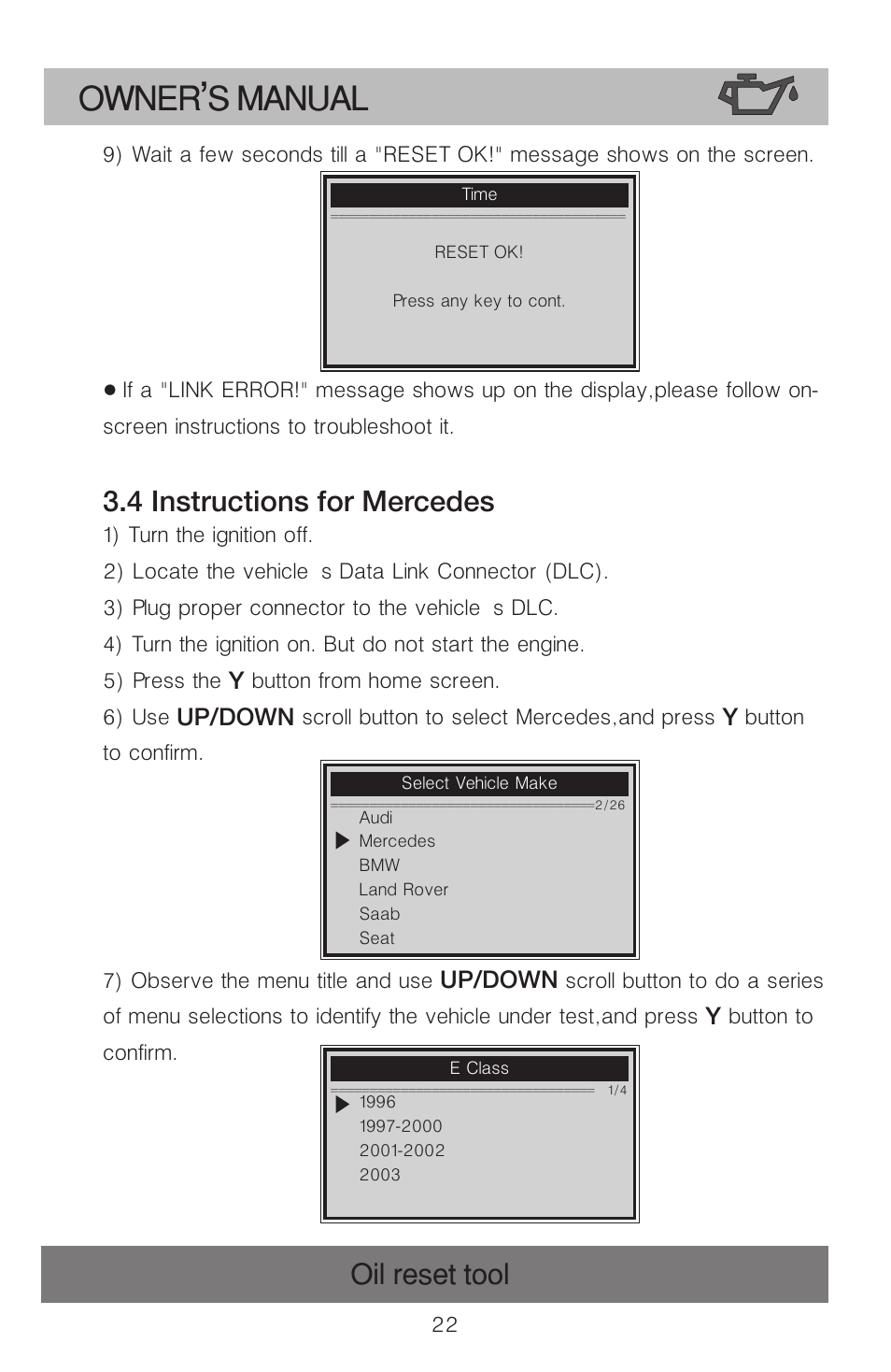 Owner s manual, Oil reset tool, 4 instructions for mercedes | Roadi OT900 User Manual | Page 23 / 38