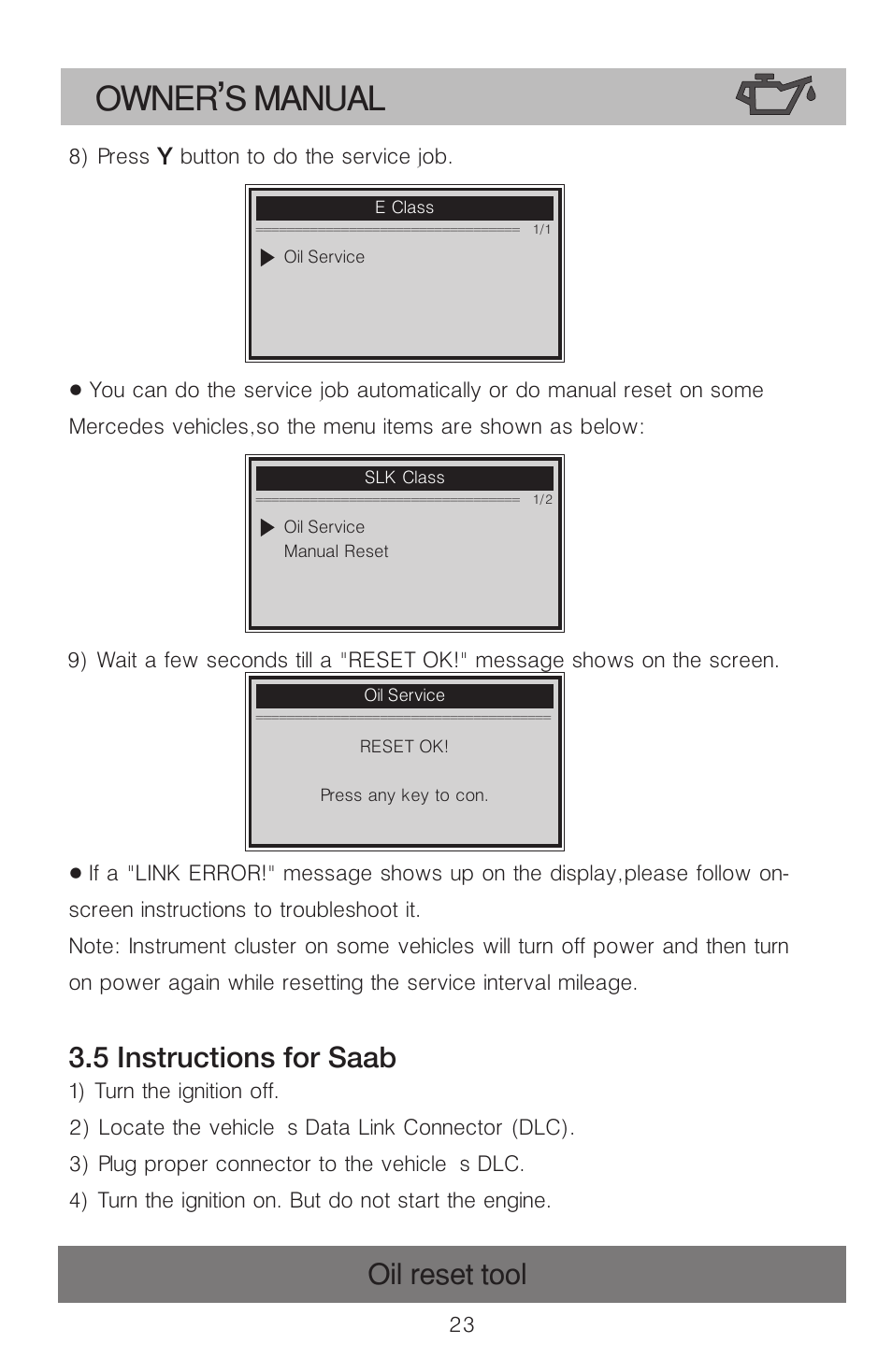 Owner s manual, Oil reset tool, 5 instructions for saab | Roadi OT900 User Manual | Page 24 / 38