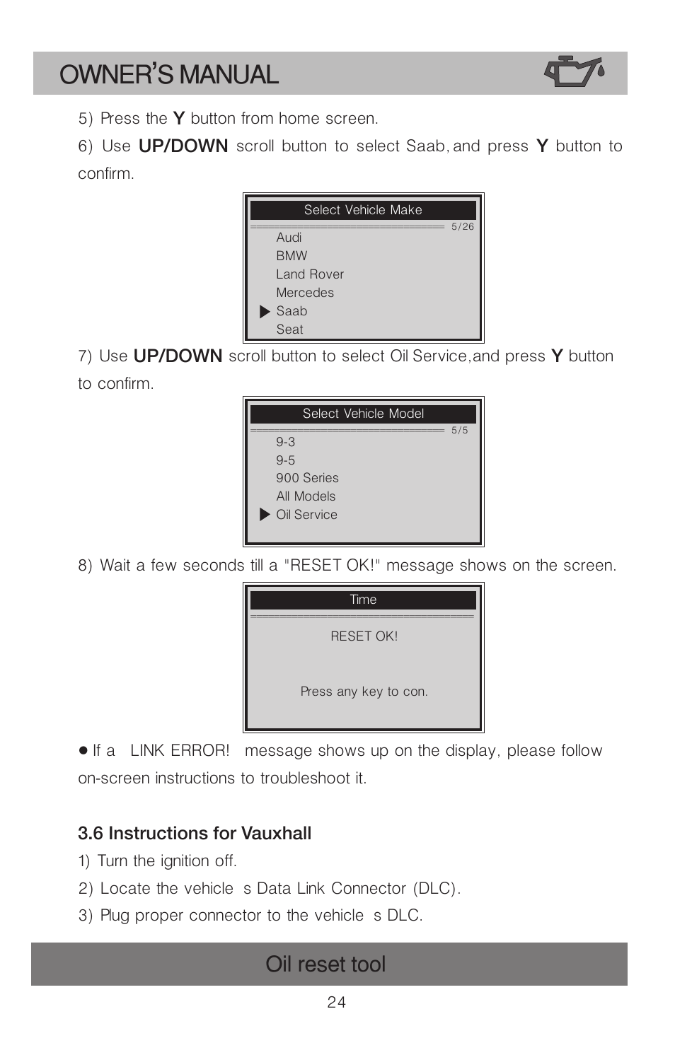 Owner s manual, Oil reset tool | Roadi OT900 User Manual | Page 25 / 38