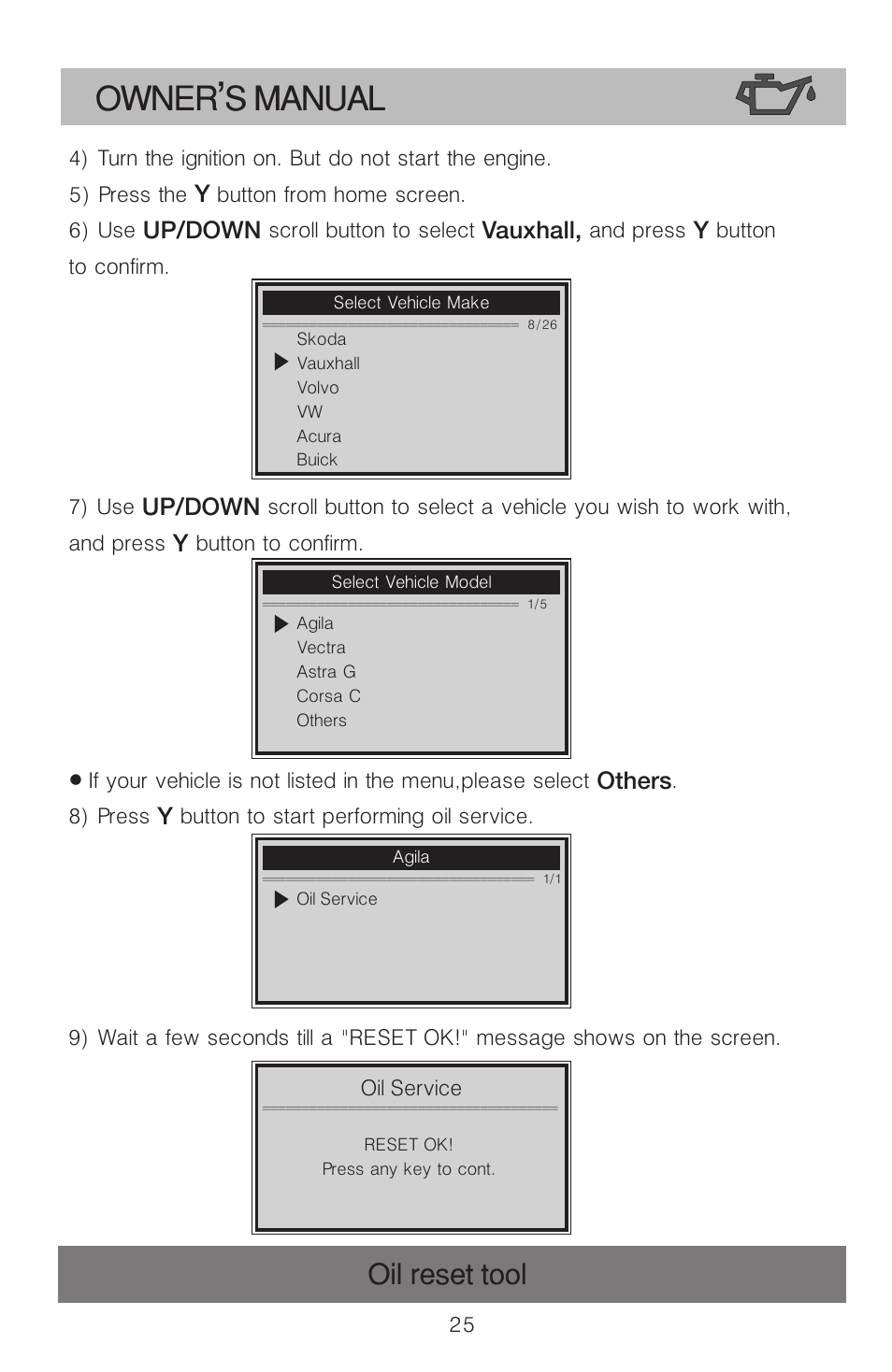 Owner s manual, Oil reset tool | Roadi OT900 User Manual | Page 26 / 38