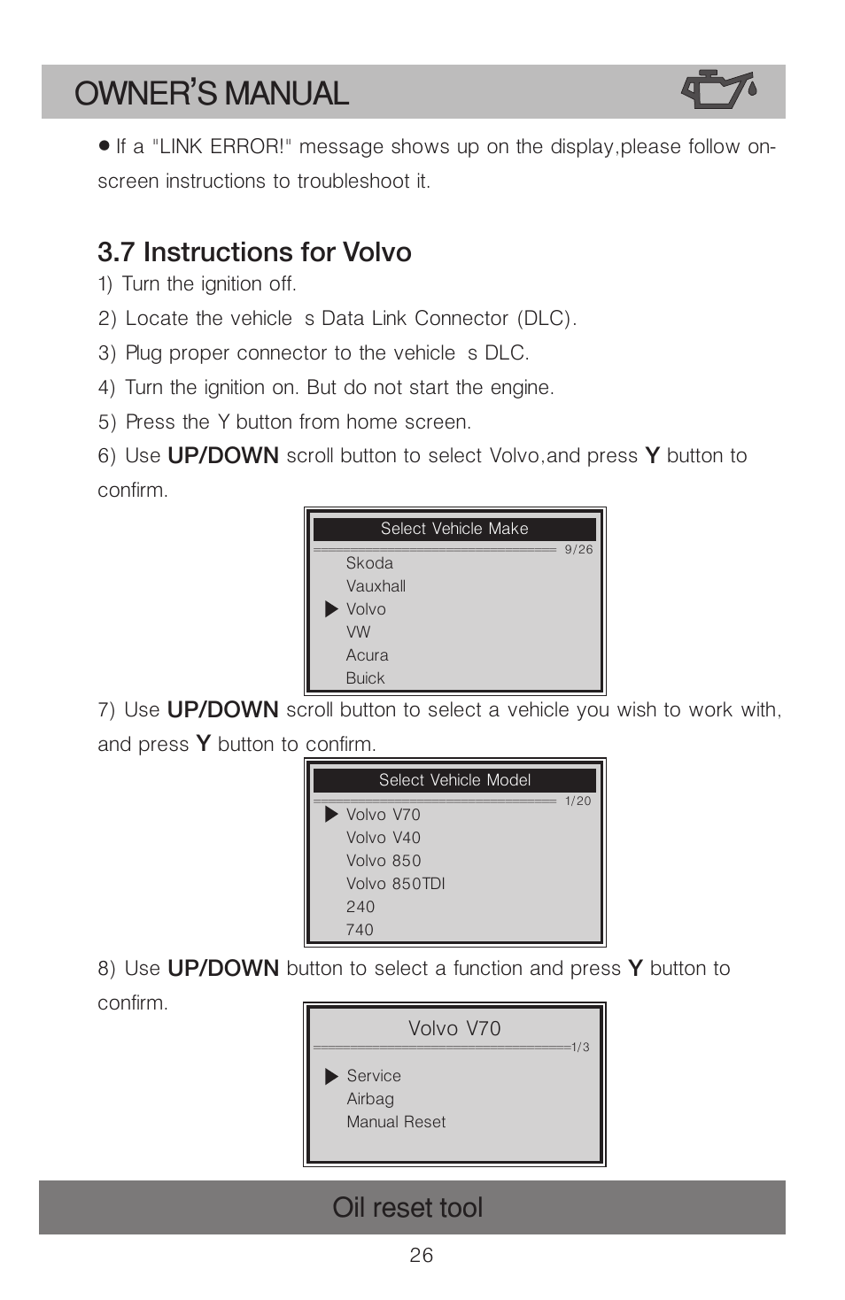 Owner s manual, Oil reset tool, 7 instructions for volvo | Roadi OT900 User Manual | Page 27 / 38