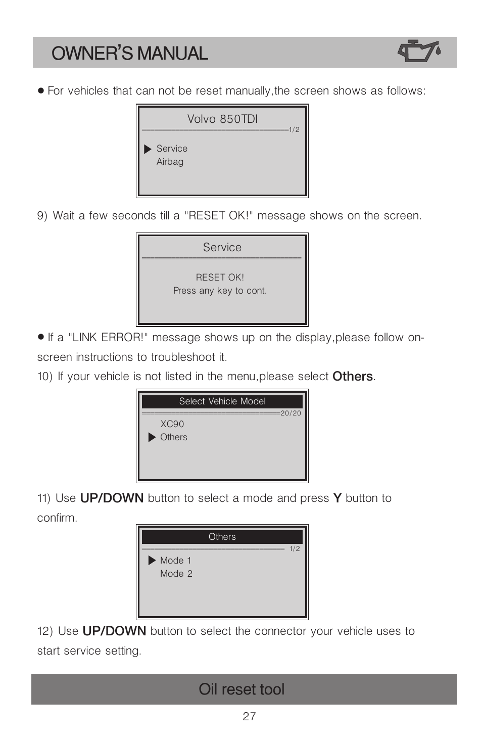 Owner s manual, Oil reset tool | Roadi OT900 User Manual | Page 28 / 38