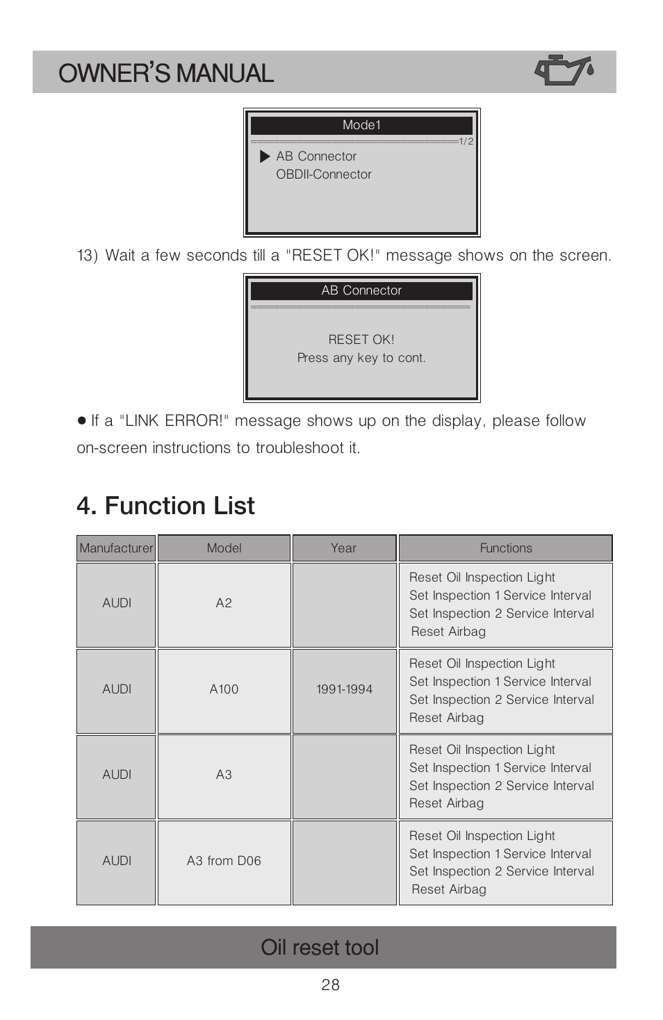 Owner s manual, Function list, Oil reset tool | Roadi OT900 User Manual | Page 29 / 38