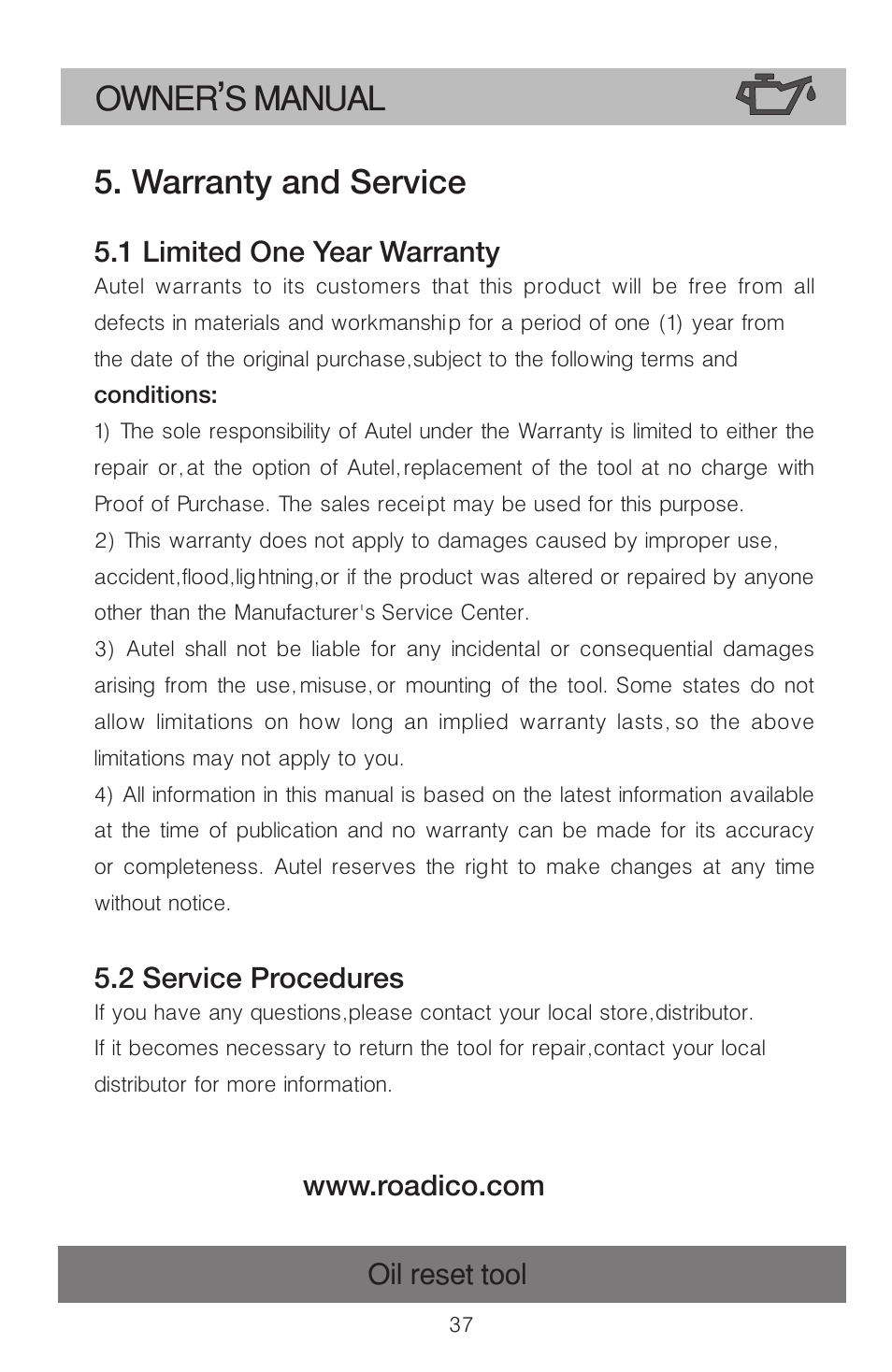 Owner s manual, Warranty and service, Oil reset tool | 1 limited one year warranty, 2 service procedures | Roadi OT900 User Manual | Page 38 / 38