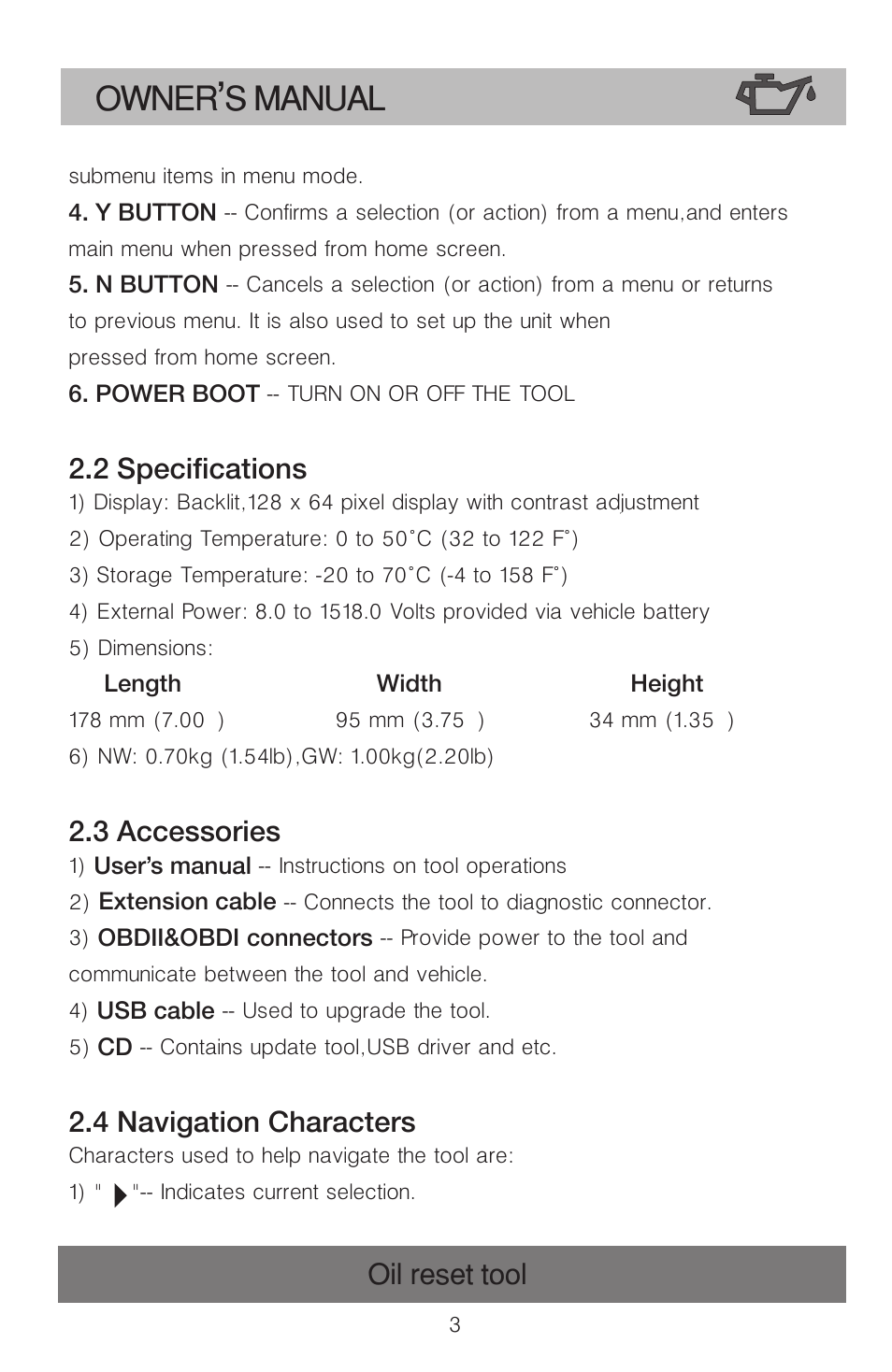 Owner s manual, Oil reset tool, 2 specifications | 3 accessories, 4 navigation characters | Roadi OT900 User Manual | Page 4 / 38