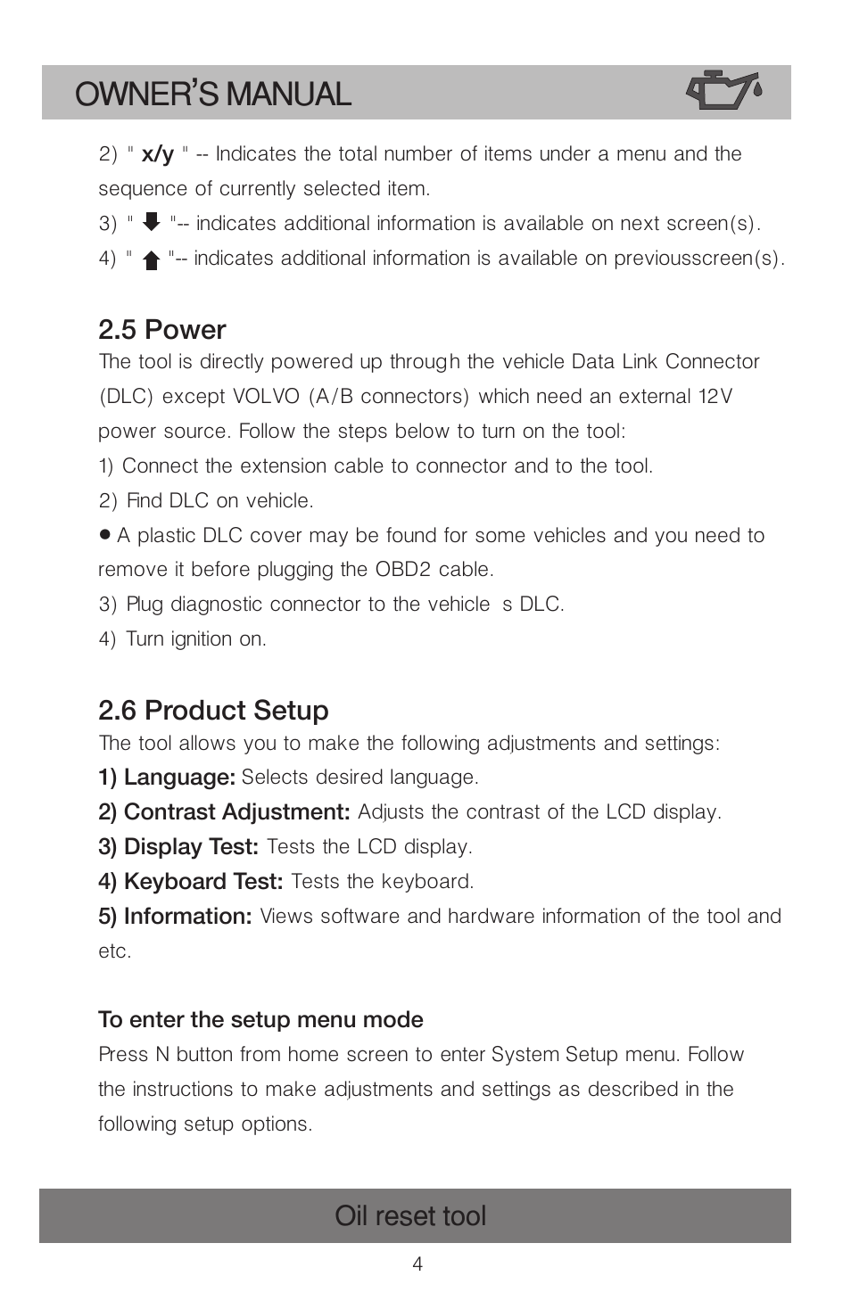 Owner s manual, Oil reset tool, 5 power | 6 product setup | Roadi OT900 User Manual | Page 5 / 38