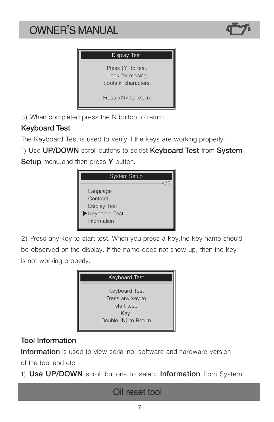 Owner s manual, Oil reset tool | Roadi OT900 User Manual | Page 8 / 38