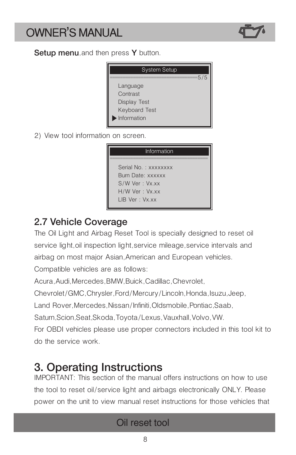 Owner s manual, Operating instructions, Oil reset tool | 7 vehicle coverage | Roadi OT900 User Manual | Page 9 / 38