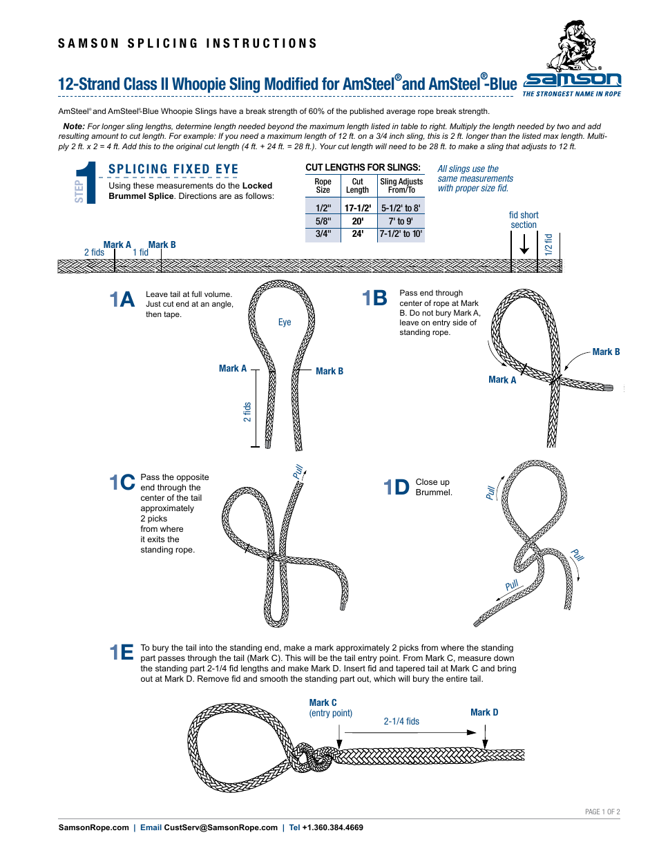 Samson 12-STRAND Class II Whoopie Sling Modified for AmSteel and AmSteel-Blue User Manual | 2 pages
