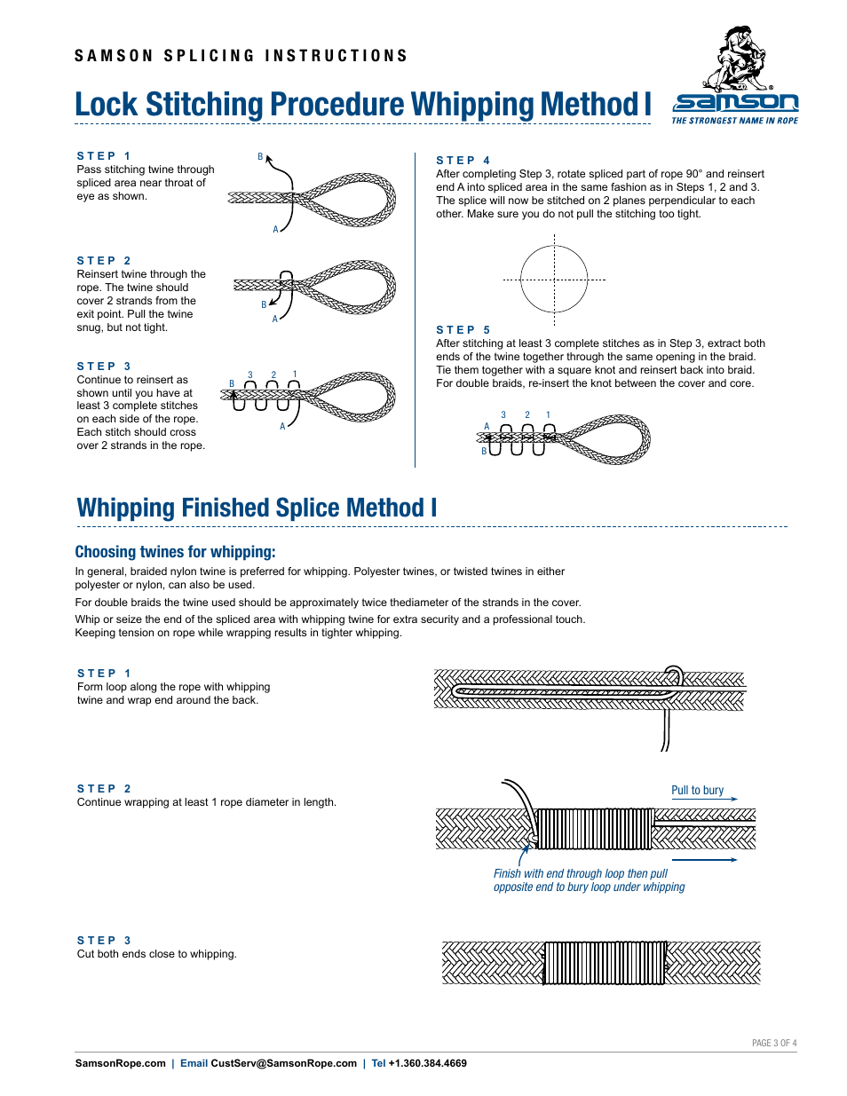 Lock stitching procedure whipping method i, Whipping finished splice method i, Choosing twines for whipping | Samson DOUBLE BRAID Class II Tips for Stripping the Cover User Manual | Page 3 / 4