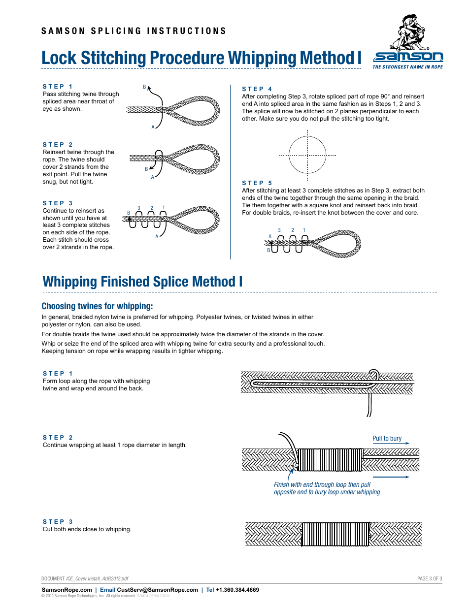 Lock stitching procedure whipping method i, Whipping finished splice method i, Choosing twines for whipping | Samson MISCELLANEOUS Smooth Ice/Flavored Ice Cover Installation User Manual | Page 3 / 3