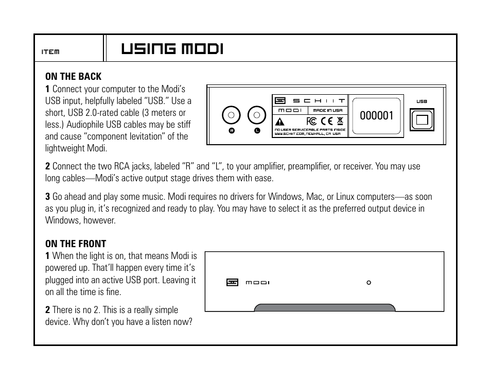 Using modi | Schiit Modi User Manual | Page 3 / 3