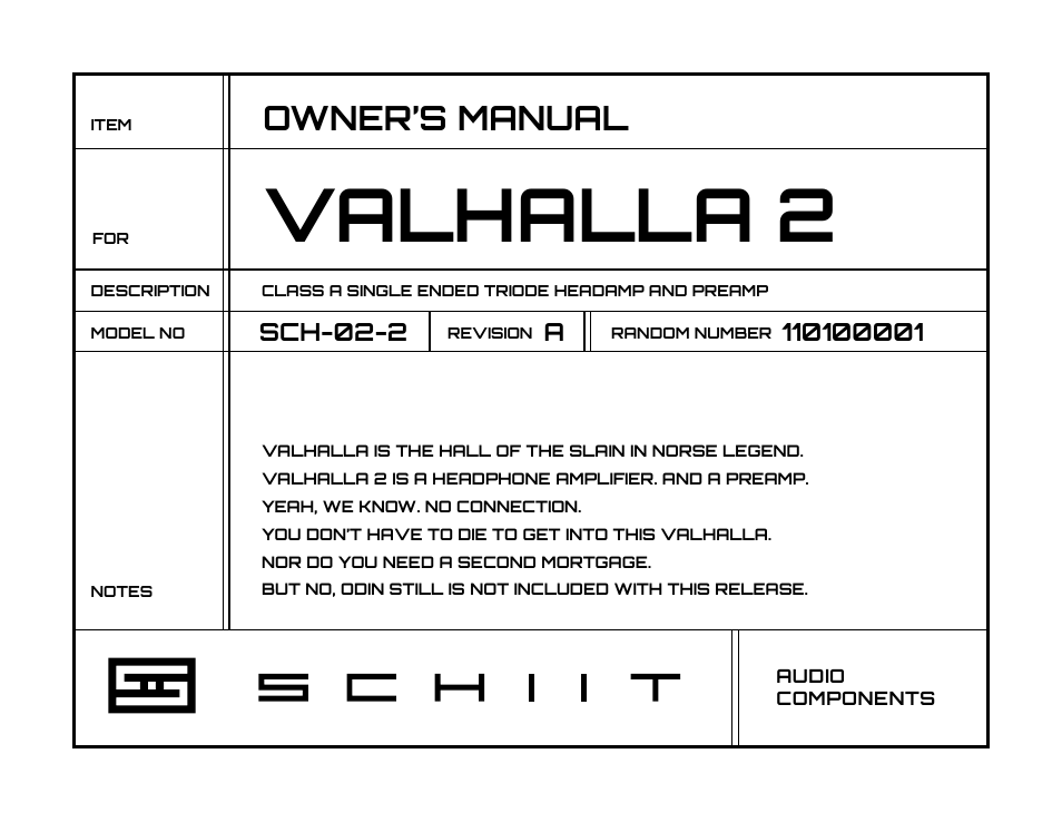 Schiit Valhalla 2 User Manual | 5 pages