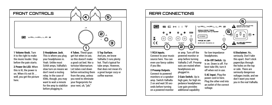 Rear connections front controls | Schiit Valhalla 2 User Manual | Page 3 / 5