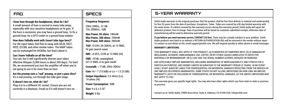 Year warranty specs | Schiit Valhalla 2 User Manual | Page 4 / 5