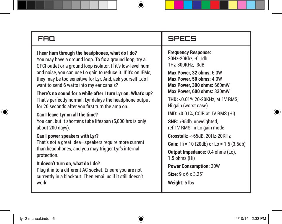 Specs | Schiit Lyr 2 User Manual | Page 6 / 8