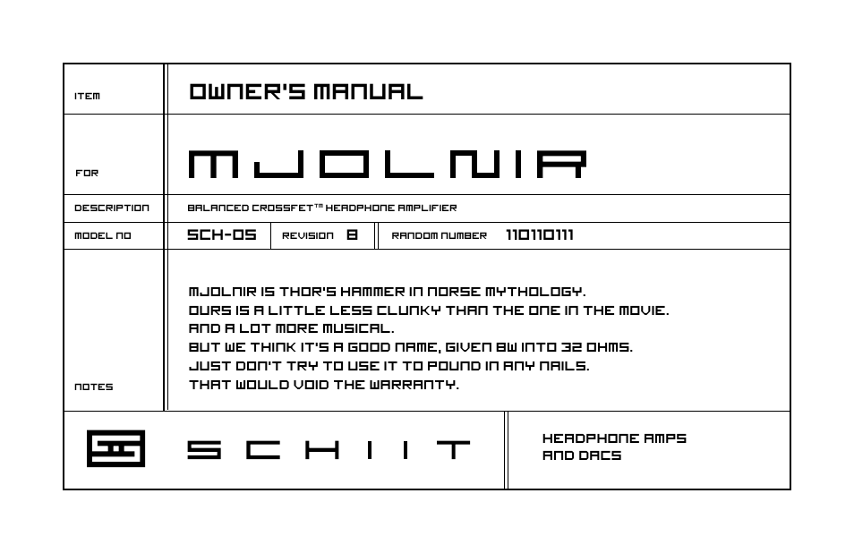 Schiit Mjolnir User Manual | 8 pages