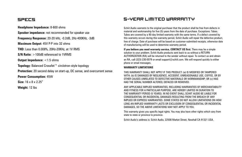 Year limited warranty specs | Schiit Mjolnir User Manual | Page 7 / 8