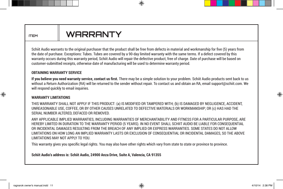 Warranty | Schiit Ragnarok User Manual | Page 11 / 12