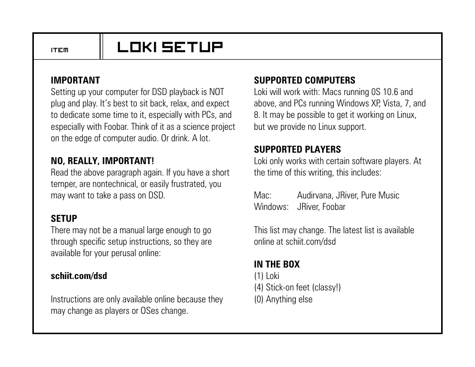 Loki setup | Schiit Loki User Manual | Page 3 / 4