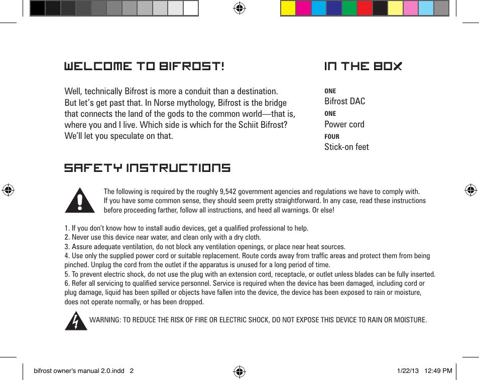 Welcome to bifrost, Safety instructions | Schiit Bifrost User Manual | Page 2 / 8