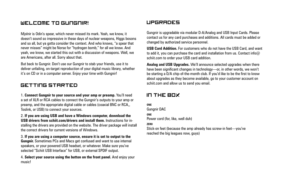 Welcome to gungnir, Upgrades | Schiit Gungnir User Manual | Page 3 / 8