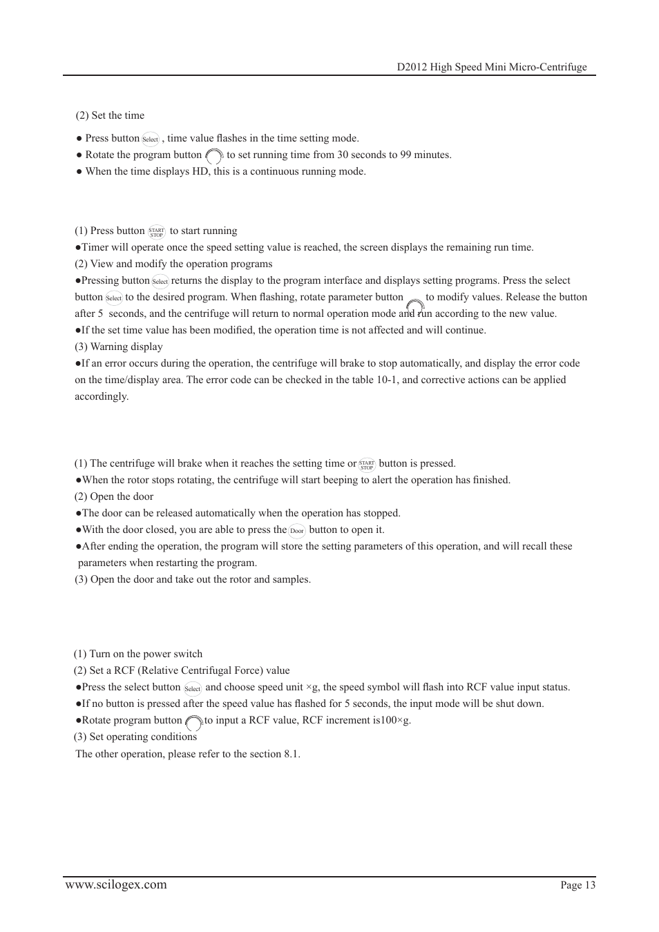 3 start the operation 8.1.4 end the operation, 2 rcf operation | Scilogex D2012 Micro-Centrifuge User Manual | Page 13 / 20
