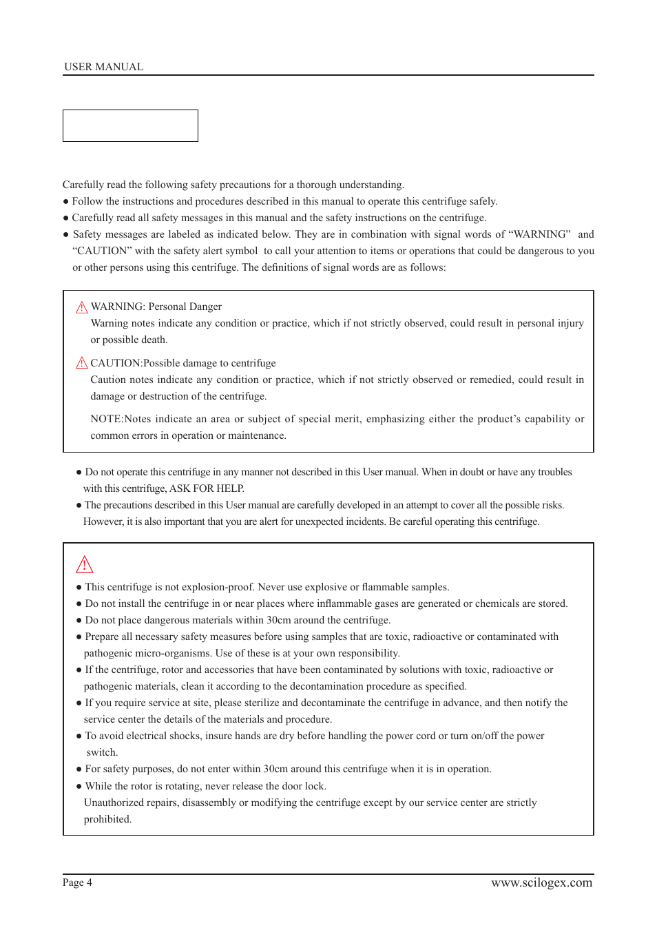 Warning, Safety reminder | Scilogex D2012 Micro-Centrifuge User Manual | Page 4 / 20