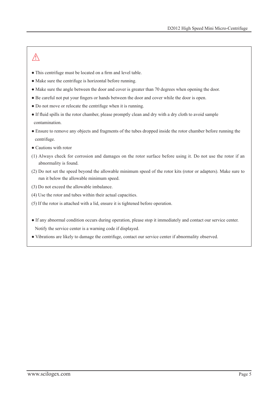 Caution | Scilogex D2012 Micro-Centrifuge User Manual | Page 5 / 20