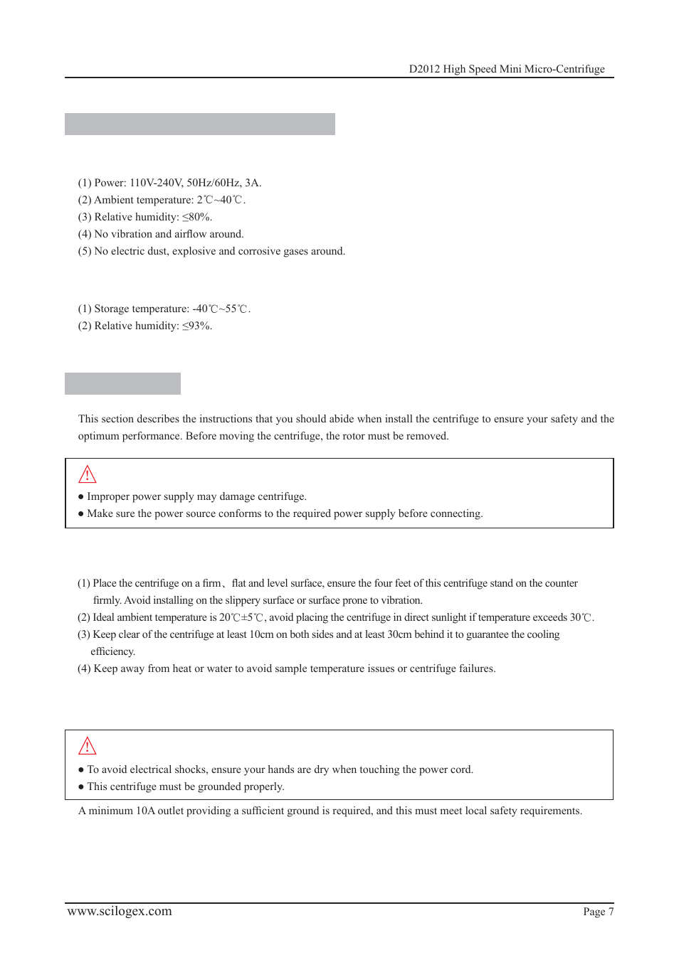 Installation, Warning, Required operation conditions | Scilogex D2012 Micro-Centrifuge User Manual | Page 7 / 20