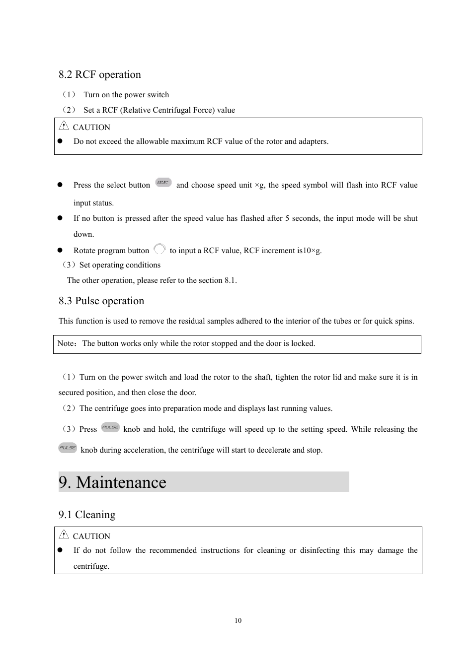 Maintenance, 2 rcf operation, 3 pulse operation | 1 cleaning | Scilogex DM0142 Clinical-Centrifuge User Manual | Page 13 / 21