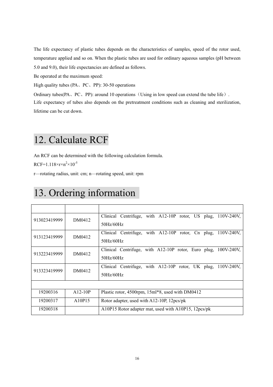 Calculate rcf, Ordering information | Scilogex DM0142 Clinical-Centrifuge User Manual | Page 19 / 21